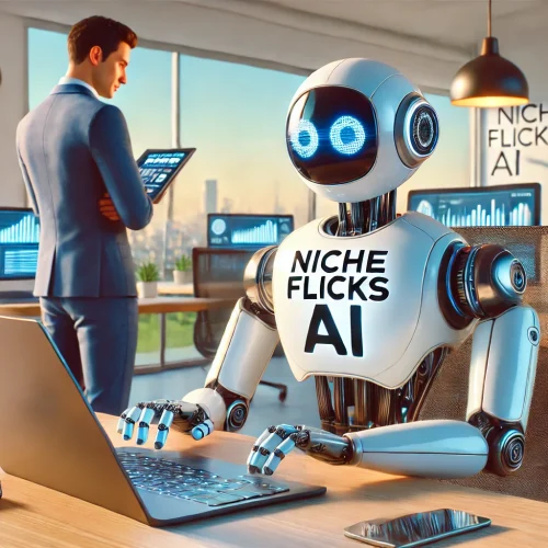 DALL·E-2025-02-06-10.25.07-A-landscape-3D-illustration-featuring-the-NicheFlicks-AI-robot-with-NicheFlicks-AI-written-on-its-chest-sitting-at-an-office-table-and-working-on.webp