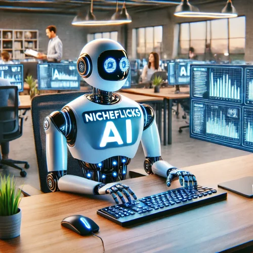 DALL·E-2025-02-06-10.25.11-A-landscape-3D-illustration-featuring-the-NicheFlicks-AI-robot-with-NicheFlicks-AI-written-on-its-chest-sitting-at-an-office-table-and-working-on.webp