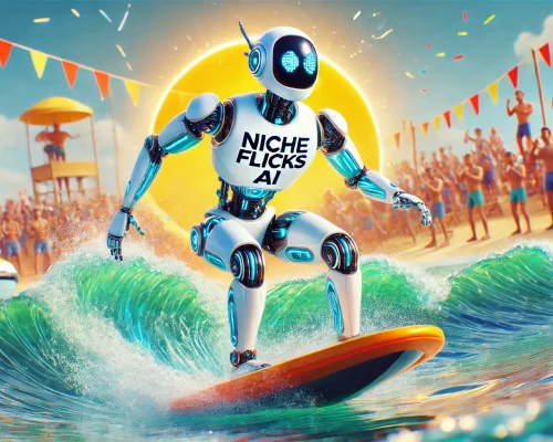 DALL·E-2025-02-11-16.59.04-A-3D-illustration-featuring-the-NicheFlicks-AI-robot-with-NicheFlicks-AI-written-on-its-chest-actively-participating-and-finishing-first-in-a-wat.webp